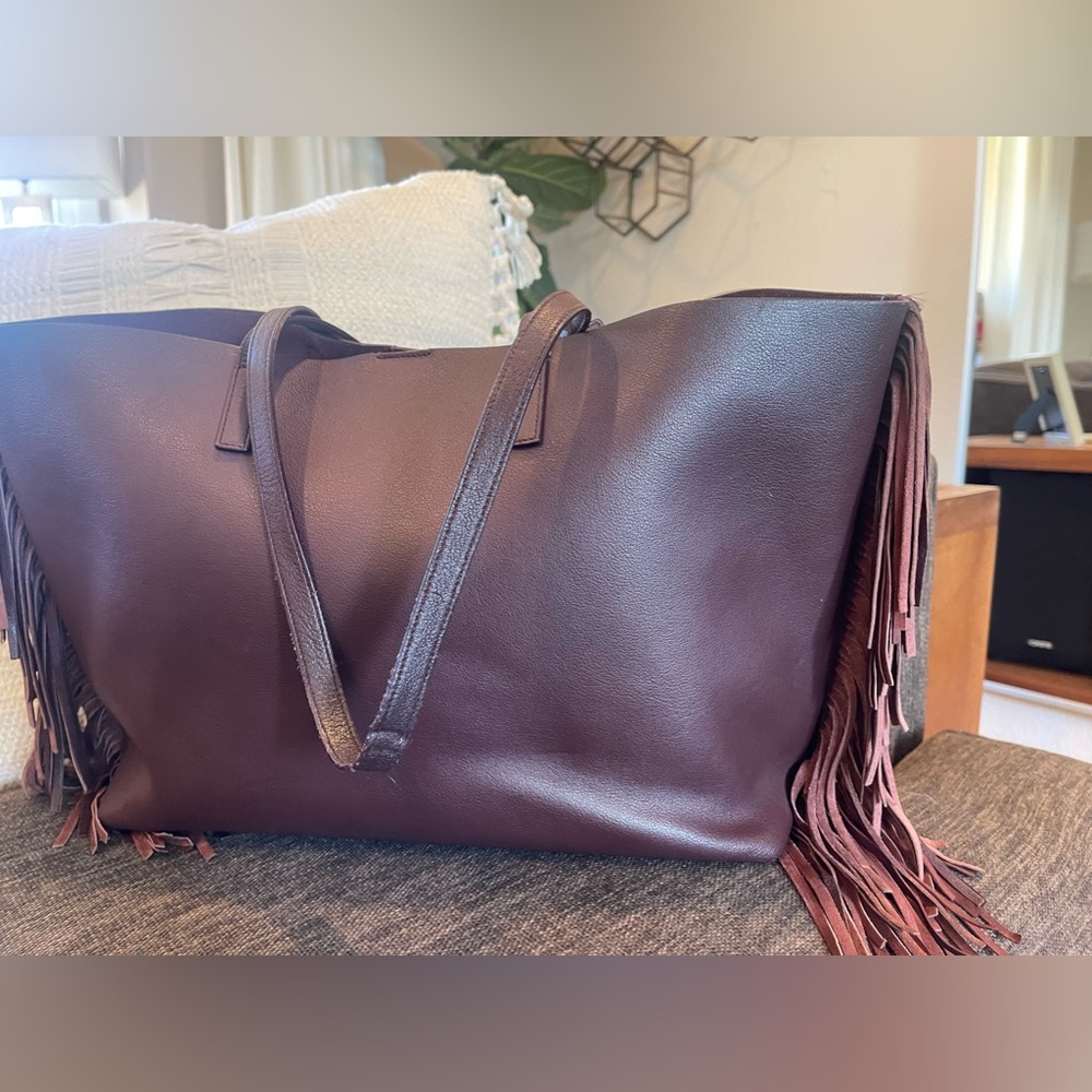 YSL Saint Laurent Large Calfskin Fringe Shopping Tote Bag Maroon - Picture 9 of 15